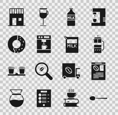Kaşık Gazetesi ve kahve makinesi şişesi ile sütlü kahve makinası tatlı jöleli çörek dükkanı ve ikon için kağıt paketi hazırla. Vektör.