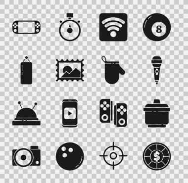 Kumarhane çiplerini ayarla kablosuz kablosuz internet ağı kablosuz mikrofon kablosuz ağ damgası Kum torbası taşınabilir video oyun konsolu ve fırın eldiveni simgesi. Vektör.