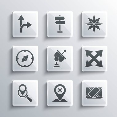 Konum Şehir haritası navigasyon trafik işaretini Radar Arama konumu pusulası ve Rüzgar gül simgesini ayarla. Vektör.