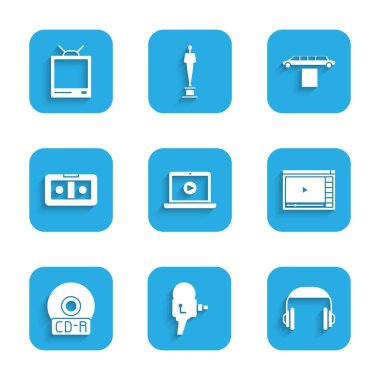 Çevrimiçi oynat Video Retro sinema kamera kulaklıkları CD veya DVD disk VHS kaset Limuzin araba, halı ve televizyon ikonu. Vektör.