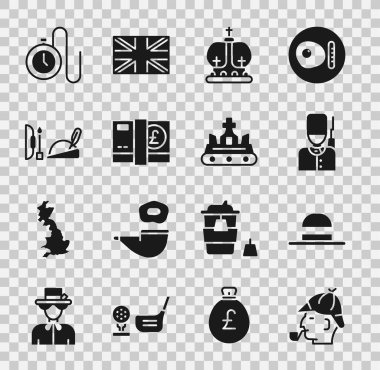 Sherlock Holmes 'un zarif kadın şapkası İngiliz asker şapkası sterlin Robin Hood Watch' a zincir ve ikon takın. Vektör.