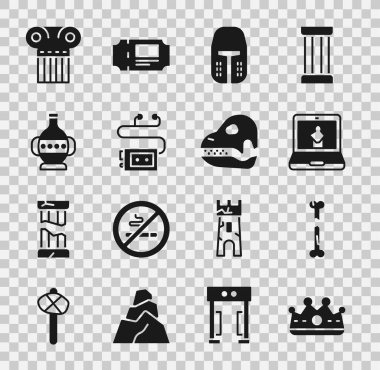 King Crown Kırık Kemik Çevrimiçi Müzesi Ortaçağ Demir Miğfer Müzesi ses rehberi Antik amfora sütunu ve Dinazor kafatası ikonu. Vektör.