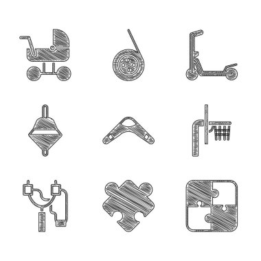 Boomerang Bilmecesi parçalarını oyuncak basketbol sehpası sapanı fırıldak Scooter ve bebek arabası ikonu olarak ayarla. Vektör.