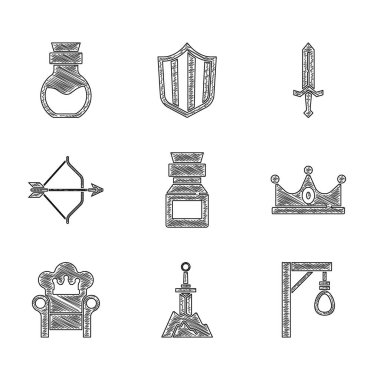 Şişe içine zehir koy Taş Darağacı Kralı taçlandırıyor Ortaçağ tahtı yayı, ok kılıcı ve ikonu. Vektör.