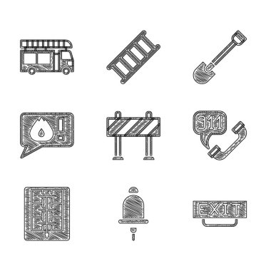 Yol bariyeri alarm zilini çal yangın çıkışı telefonu 911 'i ara. Tahliye planı, kürek ve kamyon ikonu. Vektör.