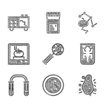 DNA araştırma petri kabını bakteri ile deneysel hayvan deney tüpü ve 3D matara baskı teknolojisi ile genetik olarak değiştirilmiş yiyecek ve spektrometre ikonu ile ayarla. Vektör.