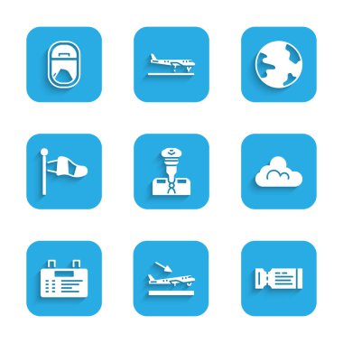 Pilot Uçak İniş biletini Cloud Meteoroloji Cone Meteoroloji dünya çapında ve Uçak Pencere Simgesi olarak ayarla. Vektör.