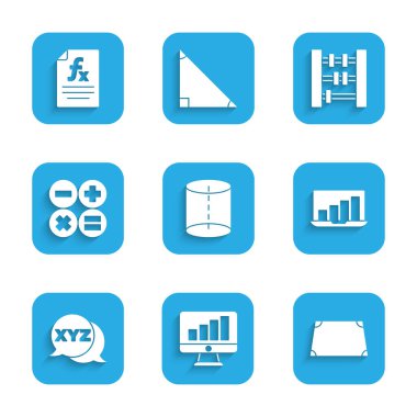 Geometrik figür Bilgisayar monitörünü grafik grafiği ile akut trapezoid şekilli Laptop XYZ koordinat sistemi hesaplayıcı abaküs ve fonksiyon matematiksel simgesi simgesi ile ayarla. Vektör.
