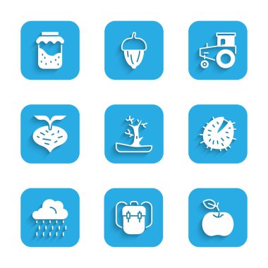 Çıplak ağaç okulu sırt çantası Elma Kestane Bulutu 'nu yağmur pancarı traktörü ve reçel kavanozu ikonuyla ayarla. Vektör.