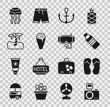 Fotoğraf makinesini, gözleme konisi tropikal palmiye ağacı denizanası ve dalış maskesinin ikonunda suni su şişesi ve dondurma ile ayarlayın. Vektör.