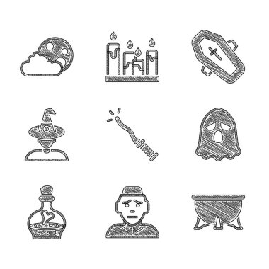 Sihirli Asa Rahibi Cadılar Bayramı cadı kazanı hayalet şişesini iksir cadı tabutu haçı ve ay yıldızı ikonu ile ayarla. Vektör.