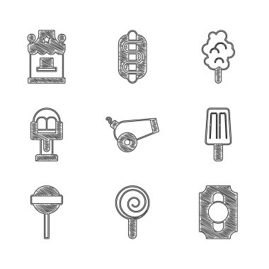 Cannon Lolipop Sirki biletini Dondurma Atlıkarınca Pamuk Şeker ve Bilet gişesi ikonu yap. Vektör.