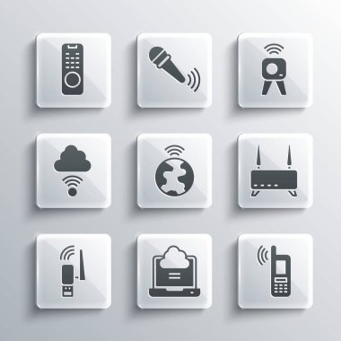 Network bulut bağlantısını Wi-fi kablosuz yönlendirici ile ayarla ve Küresel teknolojiye adaptör Uzaktan Kumanda ve Web kamera simgesi ile sinyal ver. Vektör.