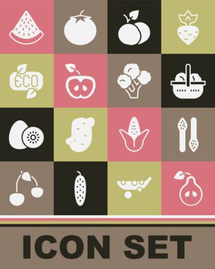 Armut Kuşkonmaz Sepeti ve Mango Elma Yaprağı Eko sembolü Karpuz ve Brokoli ikonu. Vektör.