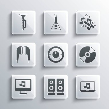 Stereo hoparlörünü müzik Vinil Disk Ses Karıştırıcı Bilgisayarı ile ayarla Hava Kulaklıkları Trompet ve Müzik Tonu simgesi. Vektör.