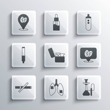 Hastalık Ciğerlerini Ayarla Nargile Tütün Yaprağı Çakmağı Sigara ve Elektronik Sigara Simgesi Yok. Vektör.