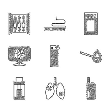 Hafif Hastalık Ciğerleri Elektronik Sigara Yakma kibritini Vape mod aygıtı tütün yaprağı kibrit kutusu ve sigara ikonu ile ayarlayın. Vektör.