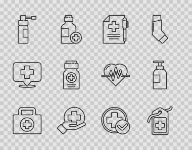 İlk yardım çantası, hastane tıbbi etiketi, ilaç reçetesi, hortum spreyi şişesi ve el dezenfektanı ikonu. Vektör.