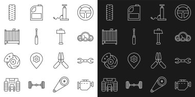 Hat Kontrolü Motoru Anahtarı Hız göstergesi Araba Hava pompası Tornavida Radyatör soğutma sistemi tekerleği ve Çekiç simgesi ayarlayın. Vektör.