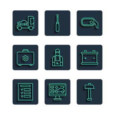 Çekiç aynası, tamirci, kamyon ve batarya ikonunun trafik kontrolü durumunu belirleyin. Vektör.