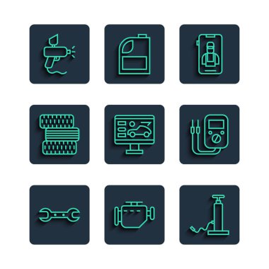 Hat anahtarlarını ayarla. Motor pompasını kontrol et. Araba çevrimiçi araba servisleri. Lastik tekerleği, boya sprey tabancası ve çoklu metre ikonunun tanısal durumu. Vektör.