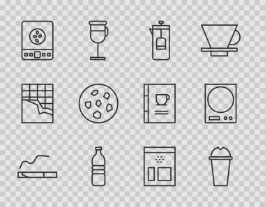 Sabit hat, Milkshake Fransız pres makinası su Elektronik kahve terazisi kurabiye ya da bisküvi torbası fasulyesi ve ikon. Vektör.