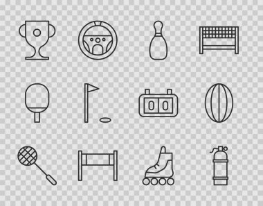 Tenis raketi Aqualung Bowling pin voleybol ödül kupası golf bayrağı paten ve rugby ikonu. Vektör.