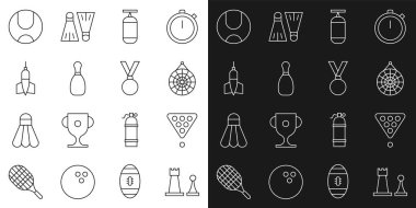 Klasik dart tahtası, bovling topu, dart oklu ok, tenis ve madalya ikonu. Vektör.