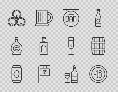 Bira kutusu 18 artı bar ahşap varilli sokak tabelası viski şişesi bardak ve ikon. Vektör.