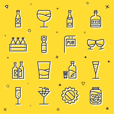 Kavanozda salatalık turşusu, şampanya konyağı, şampanya şişesi, şişe açacağı, şarap, ahşap kutu bira ve bar ikonlu sokak tabelası. Vektör.