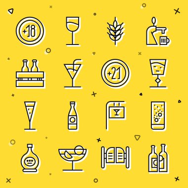 Şarap şişeleri Effervescent tabletleri su bardağı Hop Kokteyl bira şişeleri Alkol 18 artı 21 ikon. Vektör.
