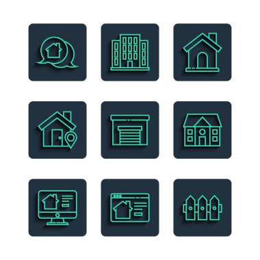 Çevrimiçi, emlak evi, bahçe çitleri, ahşap ev garajı. Gerçek mesaj ve ikon içeren bir yer. Vektör.