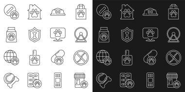 Köpek ilacı şişesi anti kurtçuklar parazit hamster tekerleği hayvan sağlığı kasesi hayvan sağlığı çantası hap ve konum veterineri ikonu. Vektör.