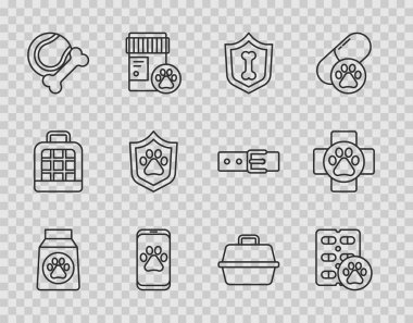 Gıda torbası, köpek, sağlık sigortası, veterinerlik oyuncakları, oyuncak, kauçuk, top taşıma çantası ve ikon. Vektör.