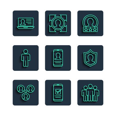 Hat Proje Ekibi Smartphone Kullanıcı Grubu İnsan Dizüstü bilgisayarının özgeçmişi ve koruma simgesi ile hesap ekranı oluşturun. Vektör.