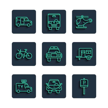 Otomobil Otoparkı Polisi ve teşhirci Bisiklet Minibus ve Karavan Kamp ikonu. Vektör.