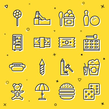 Oyun zarı patlamış mısırını kutuya, cam oyun makinesine, dondurma kasesini kağıt yığınına, parayı da Vending Lollipop ve Ticket ikonuna koy. Vektör.