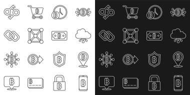 Hat hattı Bitcoin Kripto para bulut madenciliğinden saat blokzinciri teknolojisi zincir bağlantı anahtarı ve simgesi ile bitcoin madenciliğini ayarlayın. Vektör.