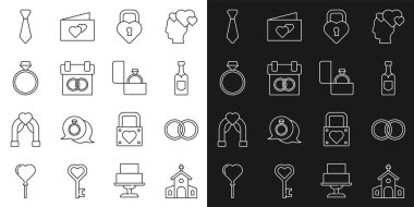 Kilise nikah yüzükleri, şampanya şişesi, kalp şeklinde elmas takvim kravat ve ikon. Vektör.