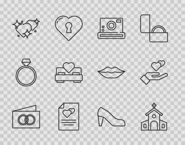 Tebrik kartı kilise binası. Fotoğraf makinesi, İki Kalpli Yatak Odası Kadın ayakkabı ve el ikonu. Vektör.