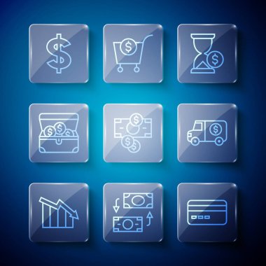 Mali büyümeyi belirleyin. Para değiş tokuşu kredi kartı kum saati dolar destesi para hazine sandığı sembolü ve zırhlı kamyon ikonu ile birlikte. Vektör.