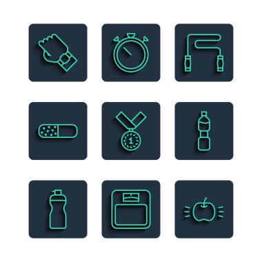 Fitness Sallama Banyosu, Apple Zıplama İp Madalyası, Vitamin hapı Akıllı saat ve bir şişe su ikonu. Vektör.