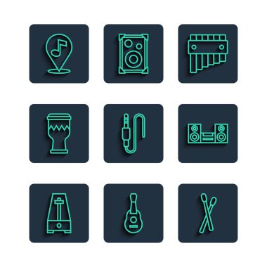 Metronome 'un sarkacı gitar baterisi Pan flüt çalma konumu müzik notası ve Home stereo ikonu. Vektör.