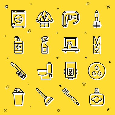 Parfüm Suyu Bırakma Elbiseleri Pimi Temizleme spreyi El Temizleyici ve Yıkama aynası ikonu. Vektör.