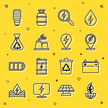 Yerküre küresi ve yaprak araba aküsü konumunu yıldırım fabrikası çöp torbası LED ampulü ve ikonu geri dönüşümlü olarak ayarla. Vektör.