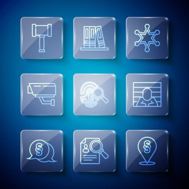 Kanun Kağıtları Analiz Hattı Konum Kanunu Hexagram Şerifi Parmak izi Güvenlik kamerası Yargıç Tokmak ve Mahkûm ikonu. Vektör.