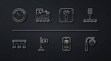 Tren trafiği için tren istasyonu saat köprüsünü ayarlayın. E-bilet yol tabelası, vintage lokomotif ve demiryolu ikonunun tamiri. Vektör.