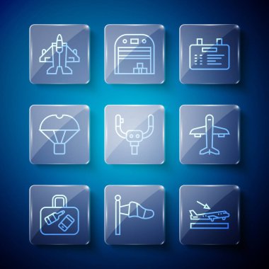 Bavul Konisi Meteoroloji Rüzgâr Çorabı Uçak İniş Havalimanı dümen dümeni dümen kutusu paraşüt Jet savaş uçağı ve ikonu. Vektör.