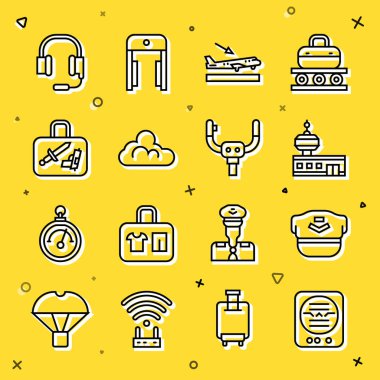 Hat göstergesini ayarla Pilot şapka kontrol kulesi uçak bulutlu hava durumu çantalı kulaklıklar mikrofon ve uçak dümen ikonu ile iniyor. Vektör.