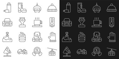 Cable Cable Car Noel Eldiveni Meteoroloji Termometre Kayak Ödülleri Kupası Spor Torbası Termos Kutusu ve Sıcak çikolata ikonu. Vektör.